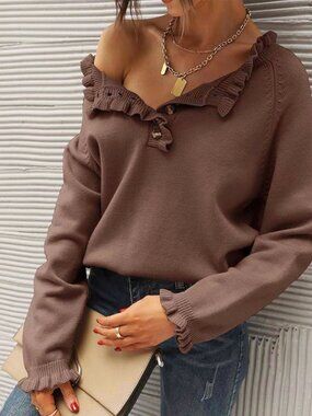 BTFBM NWT Brown Knit Top Small Ruffle Neck Henley Button Lightweight Sweater